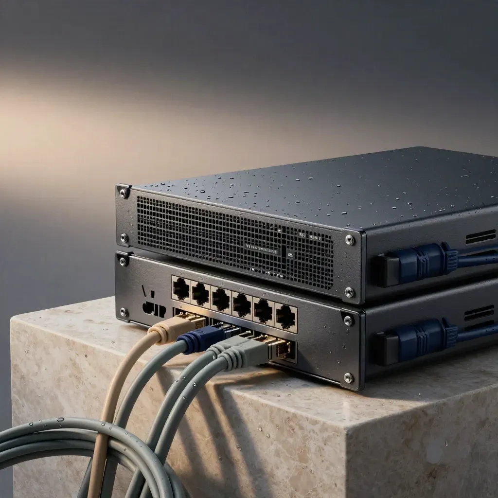 Firewall, Switch und Kabel auf Steinsockel im dramatischen Studio-Licht.