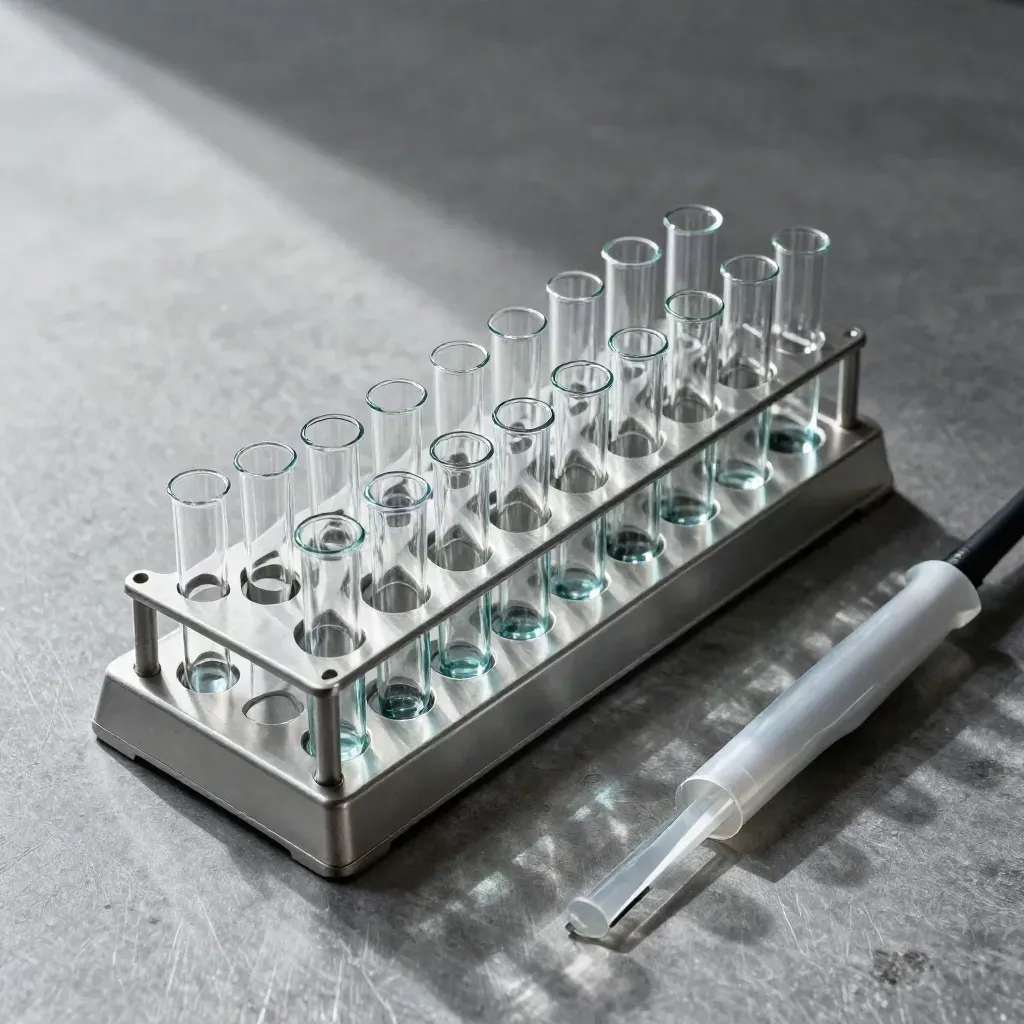 Symmetrisches Labor-Flatlay mit Röhrchenrack, Probenvials und Pipettenhalter auf grauer Fläche.