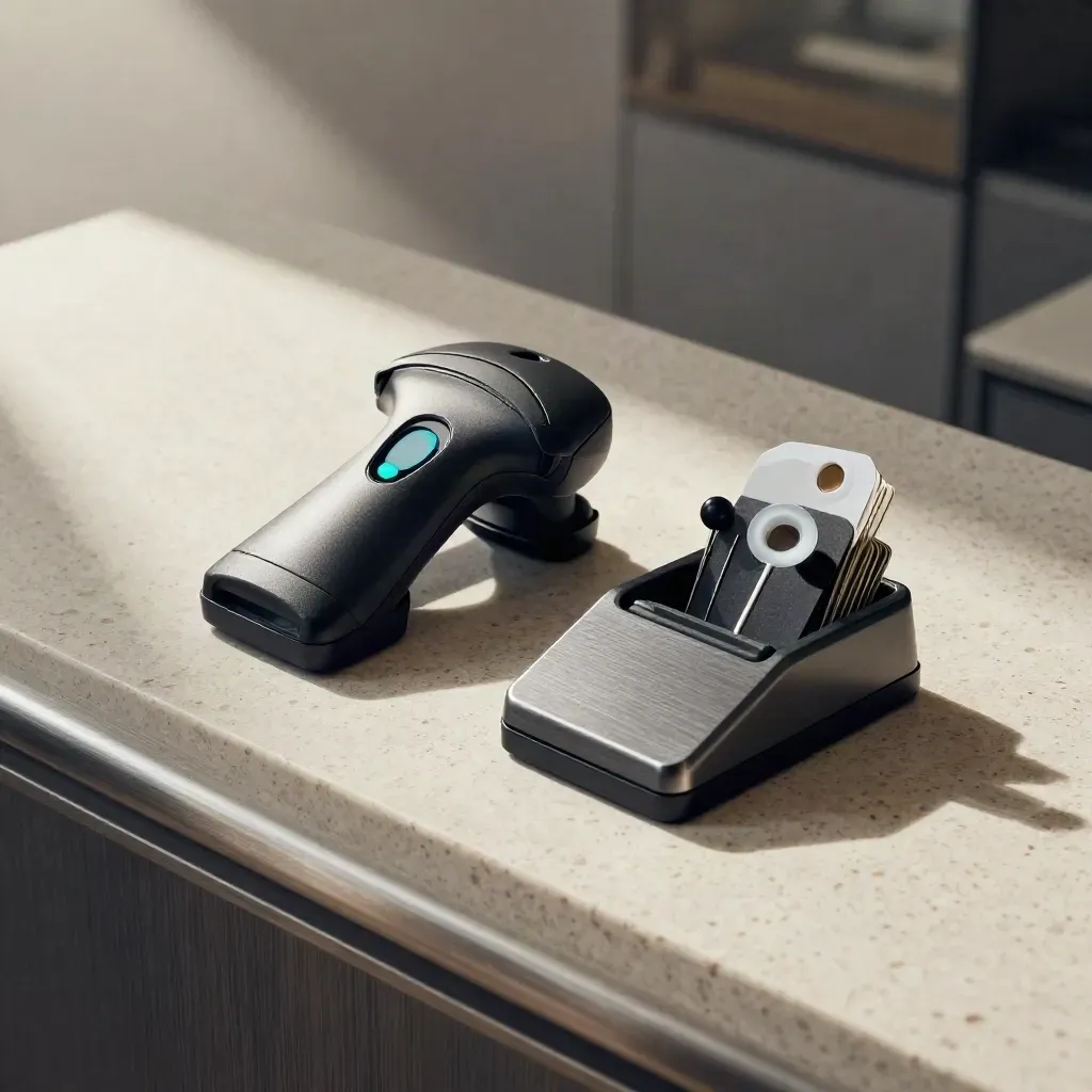 Scanner-Dock und Warensicherungsclips auf Travertin im weichen Morgenlicht.