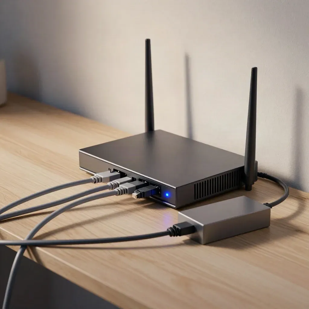 Router, Patchkabel und Netzteil auf hellem Holz am Büro-Wandanschluss.