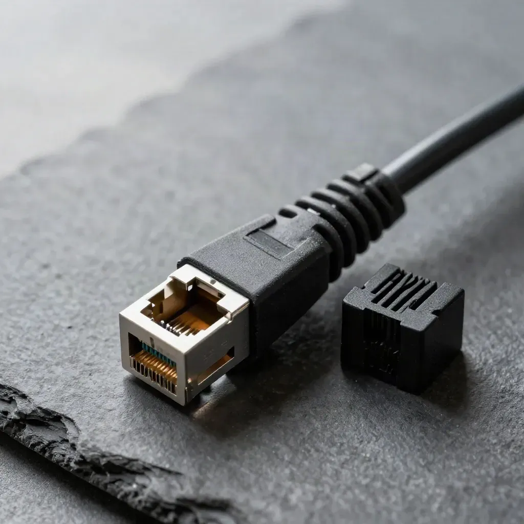 Makro eines RJ45-Keystone-Moduls mit kurzem Cat6-Kabel und Kabelkamm auf dunklem Stein.