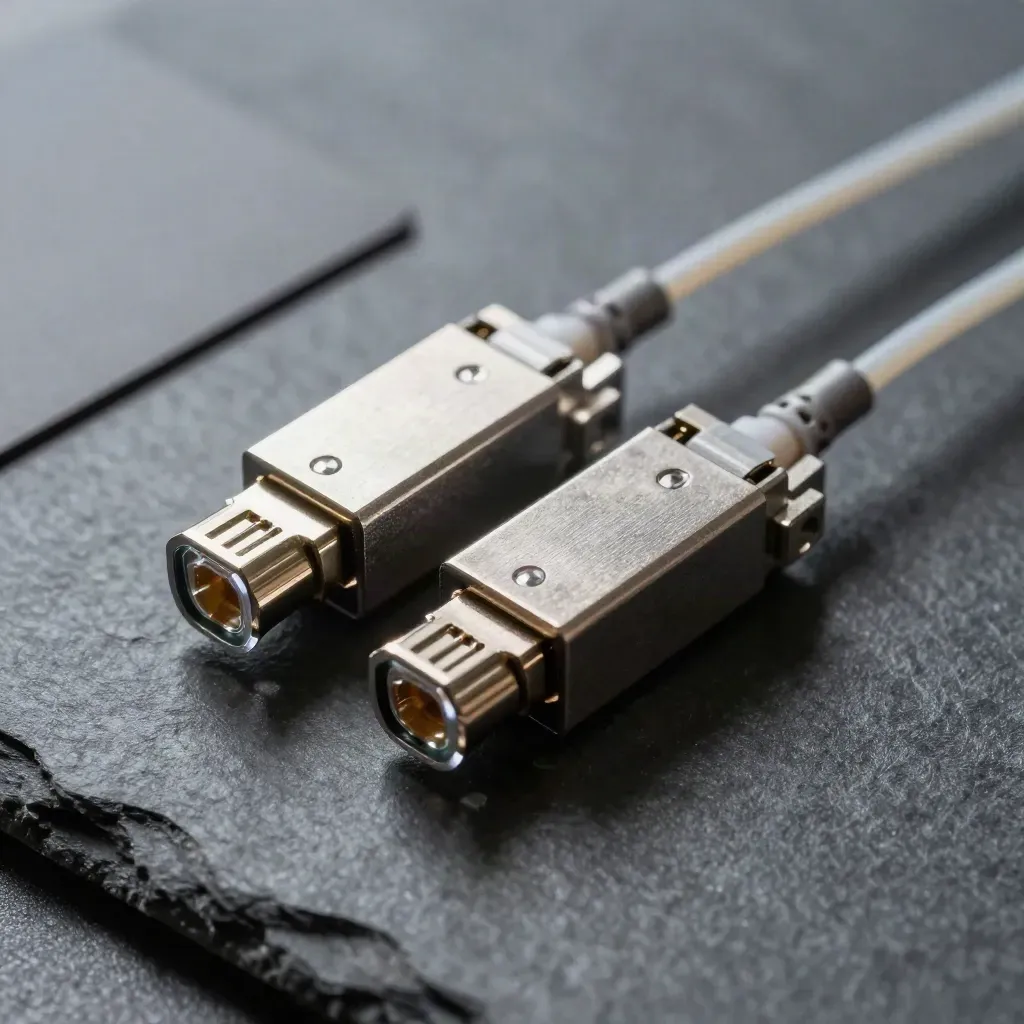 Zwei SFP-Transceiver mit Glasfaser-Patchkabeln auf dunklem Steinsockel.