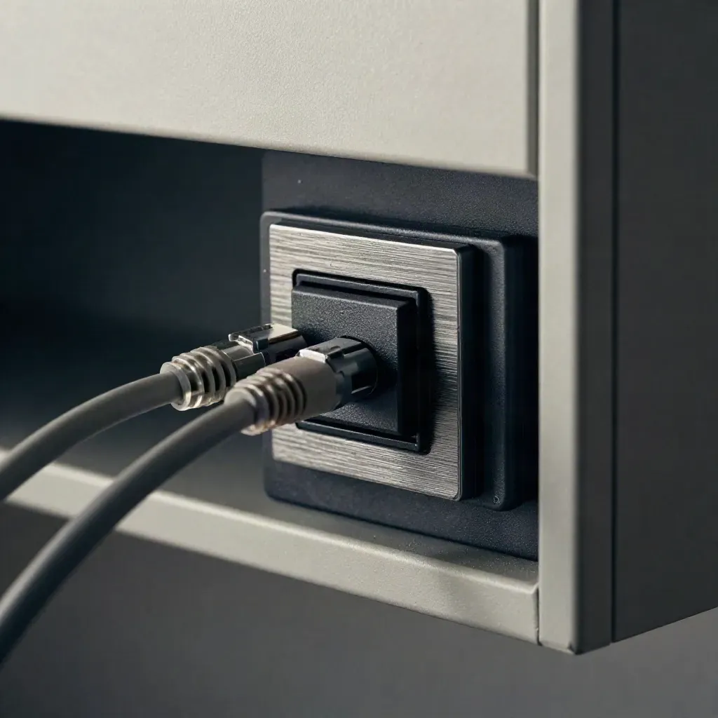 Nahaufnahme eines kompakten Netzwerkschranks mit Switch, Kabelbürste und zwei Patchkabeln.