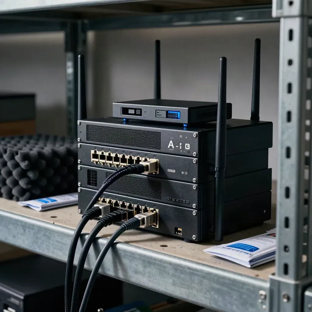 Router-Stack, LTE-Failover und SFP-Boxen auf einem Lagerregal, durch einen Rackholm gesehen.