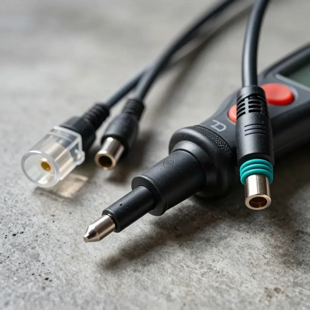 Makro von Kabeltester, Loopback-Stecker und Patchkabel auf grauem Beton.