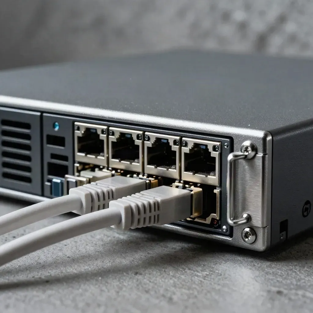 Makro eines Firewall-Rackgehäuses mit Schlossriegel und zwei kurzen Patchkabeln auf grauer Steinfläche.