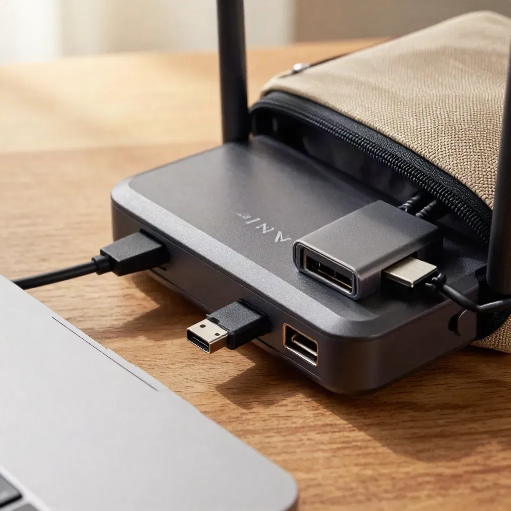 Reise-Router, Ethernet-Adapter und Netzteil neben Kabelbeutel im Homeoffice-Paket.