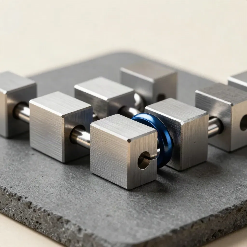 Makro von ineinandergreifenden Aluminiumblöcken und Stahlringen auf grauem Beton.