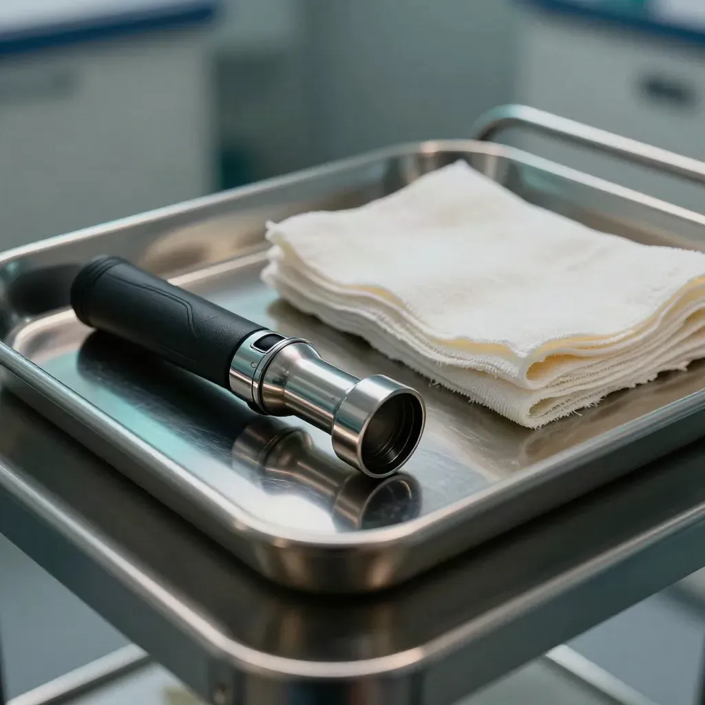 Stahltray mit Inspektionslampe, Otoskopkopf und Mull im Kliniklicht