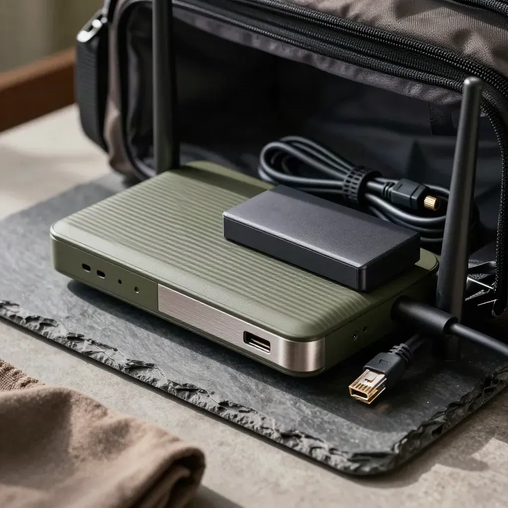 Reiserouter, USB-C-Dock, Netzteil und Ethernetkabel halb gepackt neben einer dunklen Tasche.