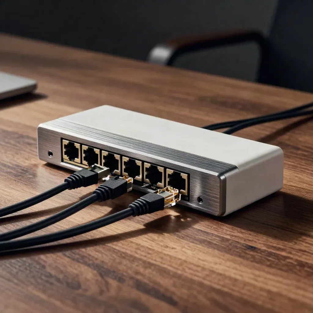 Netzwerk-Kit mit Switch, Access-Point-Halterung und Kabelbindern auf dunkler Werkbank.
