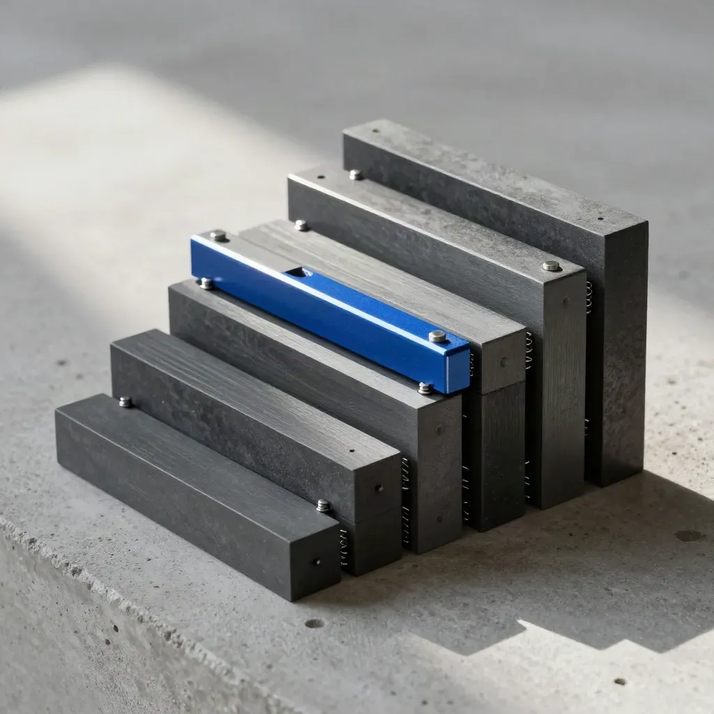 Granitgraue Netzwerkblöcke mit Federverbindern auf hellem Beton, von oben fotografiert