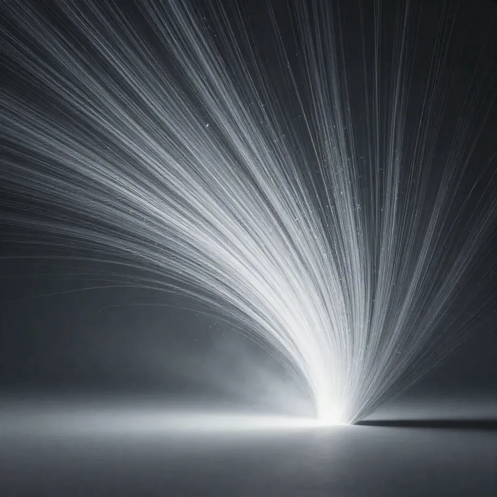 Silberne Lichtfilamente bündeln sich zu einem weißen Leuchten im Graphitraum.